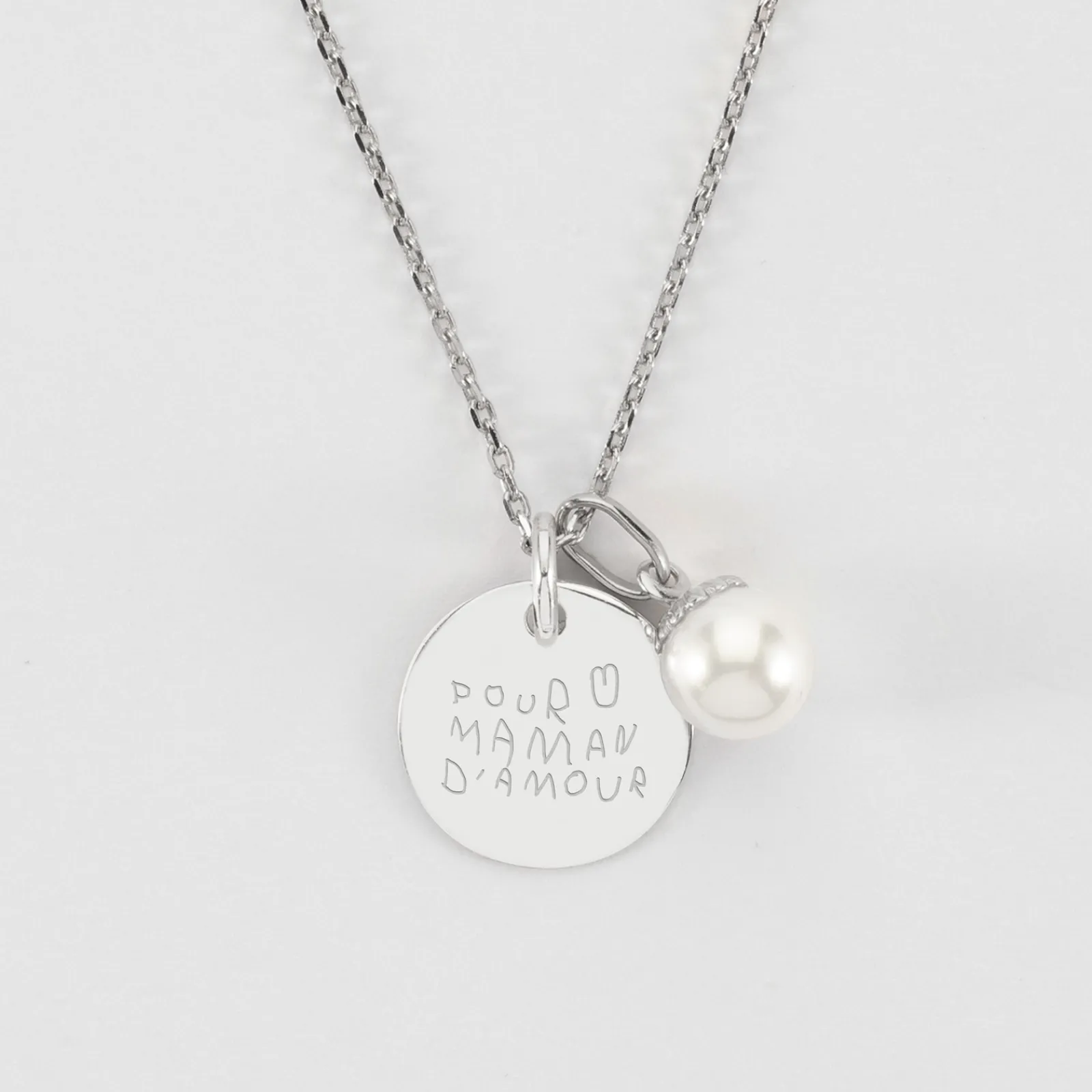Best HappyBulle Pendentif personnalisé médaille gravée argent 15 mm et breloque perle nacre 10 mm Argent rhodié 925