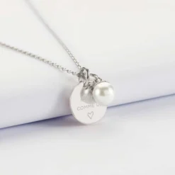 Best HappyBulle Pendentif personnalisé médaille gravée argent 15 mm et breloque perle nacre 10 mm Argent rhodié 925