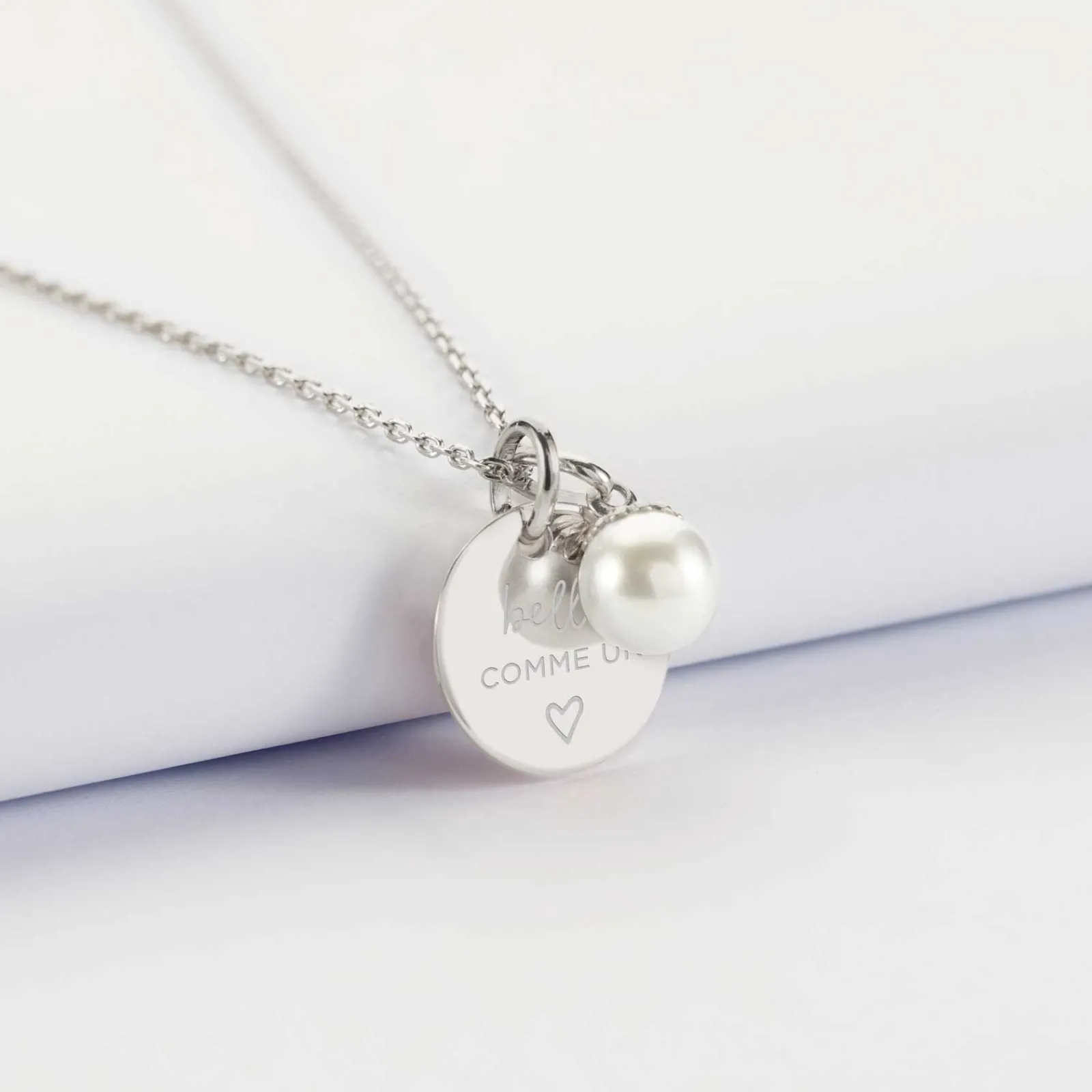 Best HappyBulle Pendentif personnalisé médaille gravée argent 15 mm et breloque perle nacre 10 mm Argent rhodié 925