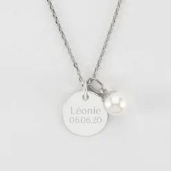 Best HappyBulle Pendentif personnalisé médaille gravée argent 15 mm et breloque perle nacre 10 mm Argent rhodié 925