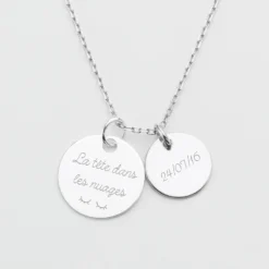 New HappyBulle Pendentif personnalisé 2 médailles gravées argent 19 mm et 15 mm Argent rhodié 925