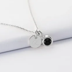 Clearance HappyBulle Pendentif personnalisé médaille gravée argent 10 mm et breloque pierre naturelle 8 mm Argent rhodié 925