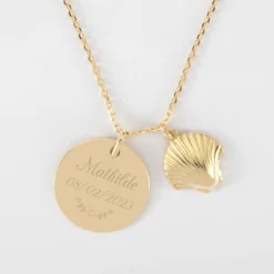 New HappyBulle Pendentif personnalisé médaille gravée plaqué or 19 mm et breloque coquillage coque 13 mm