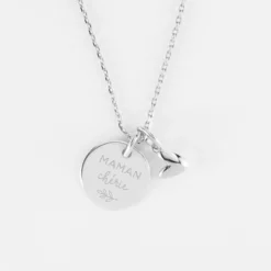 Sale HappyBulle Pendentif personnalisé médaille gravée argent 15 mm et breloque petit coeur bombé 7 mm - x Atelier Wagram Argent rhodié 925