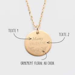 Sale HappyBulle Pendentif personnalisé médaille gravée plaqué or 19 mm - Edition spéciale Ornement floral Plaqué or 18k