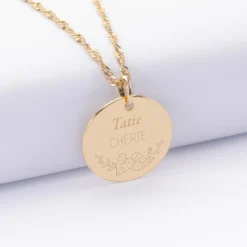 Sale HappyBulle Pendentif personnalisé médaille gravée plaqué or 19 mm - Edition spéciale Ornement floral Plaqué or 18k