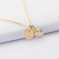 Sale HappyBulle Pendentif personnalisé médaille gravée plaqué or 10 mm et breloque pierre naturelle 8 mm Plaqué or 18k