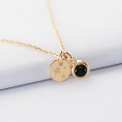 Sale HappyBulle Pendentif personnalisé médaille gravée plaqué or 10 mm et breloque pierre naturelle 8 mm Plaqué or 18k