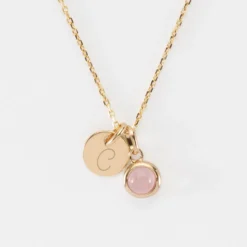 Sale HappyBulle Pendentif personnalisé médaille gravée plaqué or 10 mm et breloque pierre naturelle 8 mm Plaqué or 18k