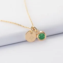 Sale HappyBulle Pendentif personnalisé médaille gravée plaqué or 10 mm et breloque pierre naturelle 8 mm Plaqué or 18k