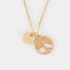 New HappyBulle Pendentif personnalisé médaille gravée plaqué or 10 mm et breloque arbre de vie contour torsadé 16 mm Plaqué or 18k