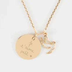 Hot HappyBulle Pendentif personnalisé médaille gravée plaqué or 19 mm et breloque colombe 18 mm Plaqué or 18k