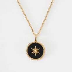 Online HappyBulle Pendentif personnalisé médaille gravée plaqué or soleil 14 mm Email noir