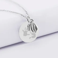 Clearance HappyBulle Pendentif personnalisé médaille gravée argent 19 mm et breloque coquillage cauri 10 mm Argent rhodié 925