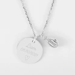 Clearance HappyBulle Pendentif personnalisé médaille gravée argent 19 mm et breloque coquillage cauri 10 mm Argent rhodié 925