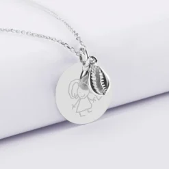 Clearance HappyBulle Pendentif personnalisé médaille gravée argent 19 mm et breloque coquillage cauri 10 mm Argent rhodié 925