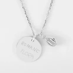 Clearance HappyBulle Pendentif personnalisé médaille gravée argent 19 mm et breloque coquillage cauri 10 mm Argent rhodié 925