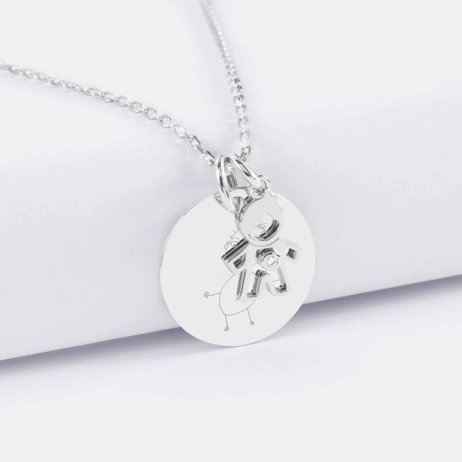 Clearance HappyBulle Pendentif personnalisé médaille gravée argent 19 mm et breloque petit garçon zircon 12 mm Argent rhodié 925