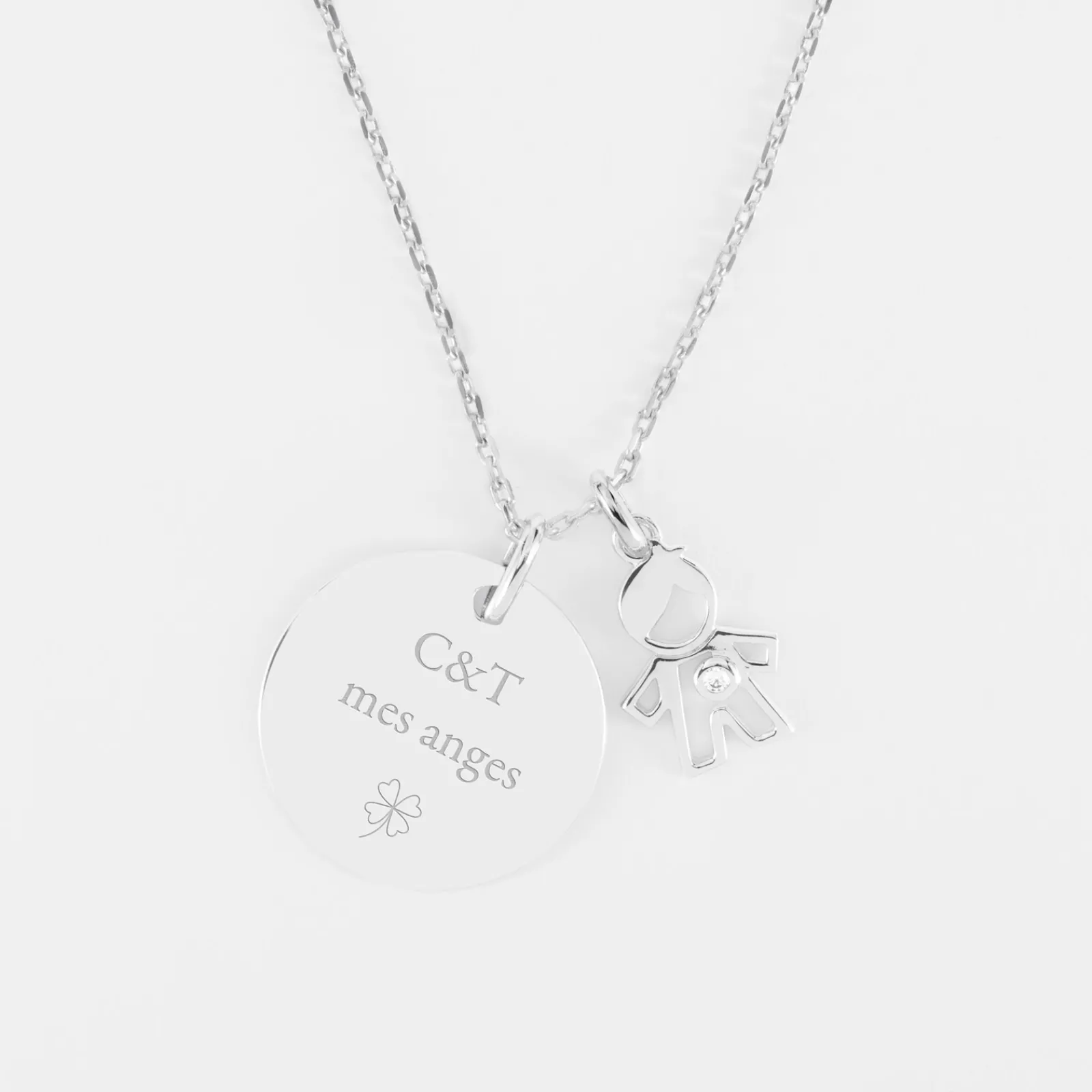 Clearance HappyBulle Pendentif personnalisé médaille gravée argent 19 mm et breloque petit garçon zircon 12 mm Argent rhodié 925