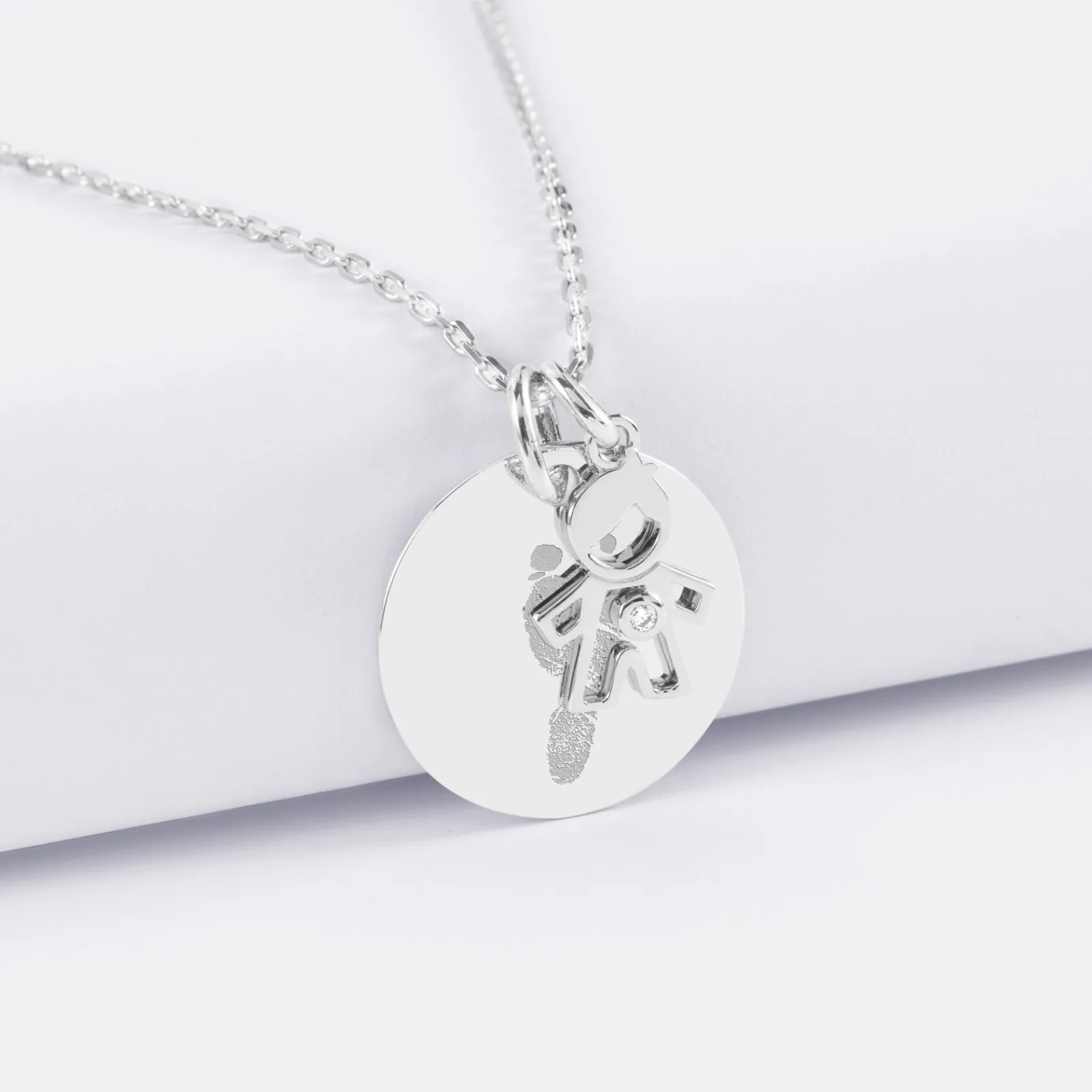 Clearance HappyBulle Pendentif personnalisé médaille gravée argent 19 mm et breloque petit garçon zircon 12 mm Argent rhodié 925
