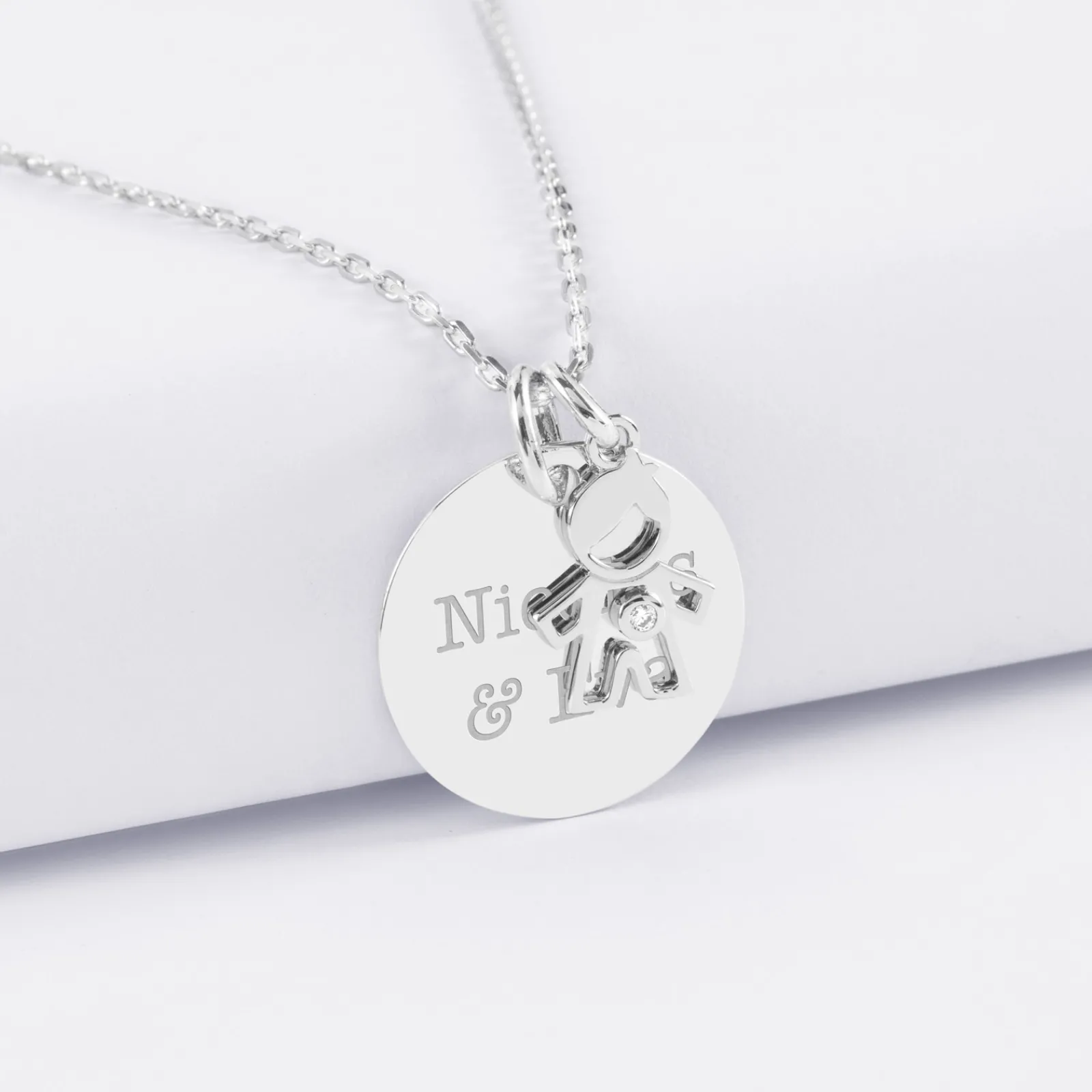 Clearance HappyBulle Pendentif personnalisé médaille gravée argent 19 mm et breloque petit garçon zircon 12 mm Argent rhodié 925