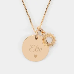 Online HappyBulle Pendentif personnalisé médaille gravée plaqué or 19 mm et breloque soleil 10 mm Plaqué or 18k