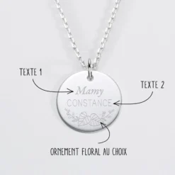 Outlet HappyBulle Pendentif personnalisé médaille gravée argent 19 mm - Edition spéciale Ornement floral Argent rhodié 925