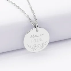 Outlet HappyBulle Pendentif personnalisé médaille gravée argent 19 mm - Edition spéciale Ornement floral Argent rhodié 925