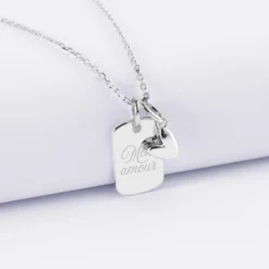 Sale HappyBulle Pendentif personnalisé médaille gravée argent rectangle 17x11 mm et breloque petit coeur bombé 7 mm - x Atelier Wagram Argent rhodié 925