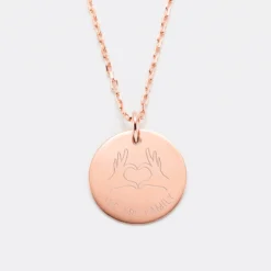 New HappyBulle Pendentif personnalisé médaille gravée plaqué or rose 19 mm - Edition spéciale Love hand Plaqué or rose 18k
