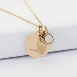 Sale HappyBulle Pendentif personnalisé médaille gravée plaqué or 19 mm et breloque pierre naturelle 8 mm Plaqué or 18k