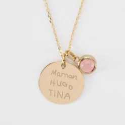 Sale HappyBulle Pendentif personnalisé médaille gravée plaqué or 19 mm et breloque pierre naturelle 8 mm Plaqué or 18k