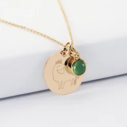 Sale HappyBulle Pendentif personnalisé médaille gravée plaqué or 19 mm et breloque pierre naturelle 8 mm Plaqué or 18k