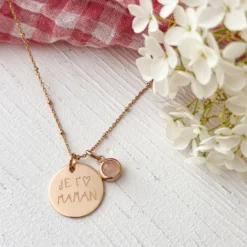 Sale HappyBulle Pendentif personnalisé médaille gravée plaqué or 19 mm et breloque pierre naturelle 8 mm Plaqué or 18k