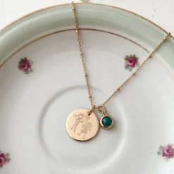 Sale HappyBulle Pendentif personnalisé médaille gravée plaqué or 19 mm et breloque pierre naturelle 8 mm Plaqué or 18k