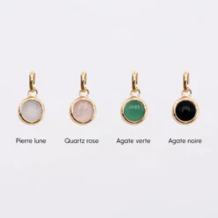 Sale HappyBulle Pendentif personnalisé médaille gravée plaqué or 19 mm et breloque pierre naturelle 8 mm Plaqué or 18k