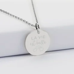 Sale HappyBulle Pendentif personnalisé médaille martelée gravée argent 19 mm Argent rhodié 925