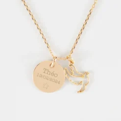 Online HappyBulle Pendentif personnalisé médaille gravée plaqué or 15 mm et breloque colombe 18 mm Plaqué or 18k