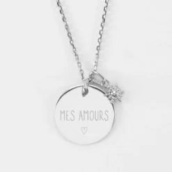 Outlet HappyBulle Pendentif personnalisé médaille gravée argent 19 mm et breloque étoile brillante 6 mm Argent rhodié 925