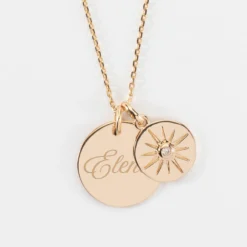 Sale HappyBulle Pendentif personnalisé médaille gravée plaqué or 19 mm et breloque soleil scintillant 14 mm Plaqué or 18k