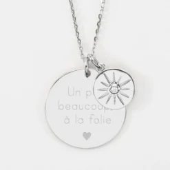 HappyBulle Pendentif personnalisé médaille gravée argent 27 mm et breloque soleil scintillant 14 mm Argent rhodié 925