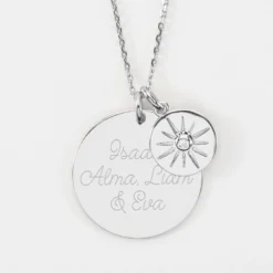 HappyBulle Pendentif personnalisé médaille gravée argent 27 mm et breloque soleil scintillant 14 mm Argent rhodié 925