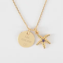 Clearance HappyBulle Pendentif personnalisé médaille gravée plaqué or 15 mm et breloque étoile de mer scintillante zircons bleus 15 mm