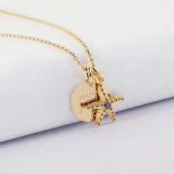 Clearance HappyBulle Pendentif personnalisé médaille gravée plaqué or 15 mm et breloque étoile de mer scintillante zircons bleus 15 mm