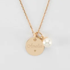 Clearance HappyBulle Pendentif personnalisé médaille gravée plaqué or 15 mm et breloque perle nacre 10 mm Plaqué or 18k