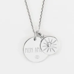 Discount HappyBulle Pendentif personnalisé médaille gravée argent 19 mm et breloque soleil scintillant 14 mm Argent rhodié 925