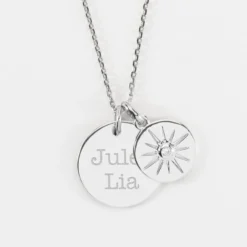 Discount HappyBulle Pendentif personnalisé médaille gravée argent 19 mm et breloque soleil scintillant 14 mm Argent rhodié 925