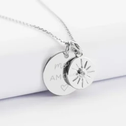 Discount HappyBulle Pendentif personnalisé médaille gravée argent 19 mm et breloque soleil scintillant 14 mm Argent rhodié 925