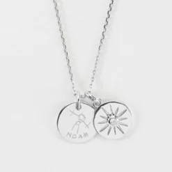 New HappyBulle Pendentif personnalisé médaille gravée argent 15 mm et breloque soleil scintillant 14 mm Argent rhodié 925