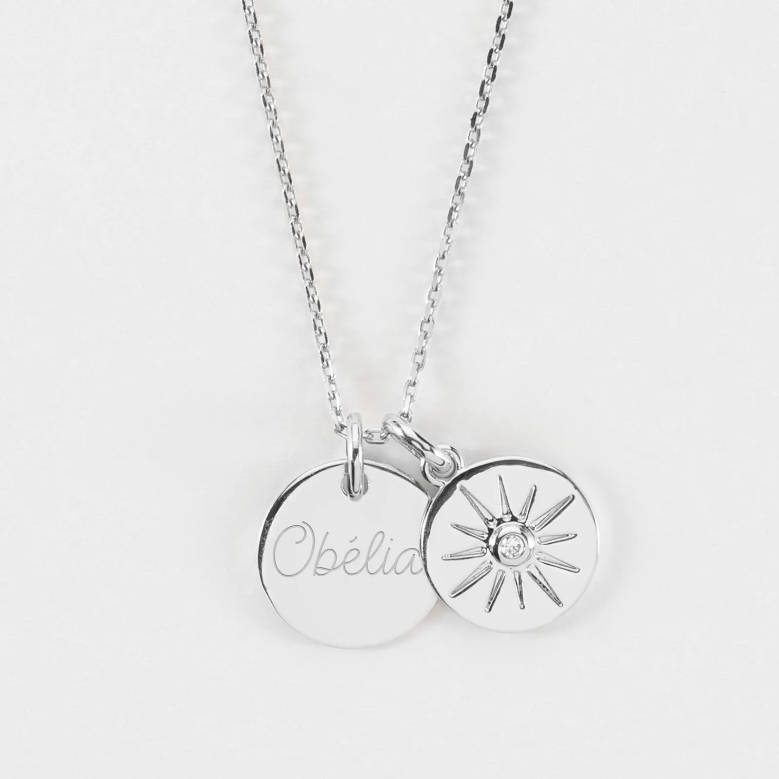 New HappyBulle Pendentif personnalisé médaille gravée argent 15 mm et breloque soleil scintillant 14 mm Argent rhodié 925